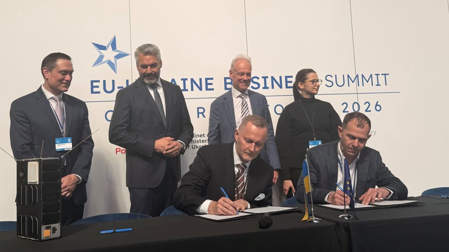 GomSpace CEO Carsten Drachmann and Ukrainian Stetman LLC signed on 22 April an agreement to establish UASAT, a joint venture focused on developing sovereign satellite communication capabilities for Ukraine. Credit: GomSpace