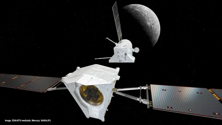 Artistic rendition of BepiColombo separating from the Mercury Transfer Module. Credit: ESA/ATG medialab; Mercury: NASA/JPL